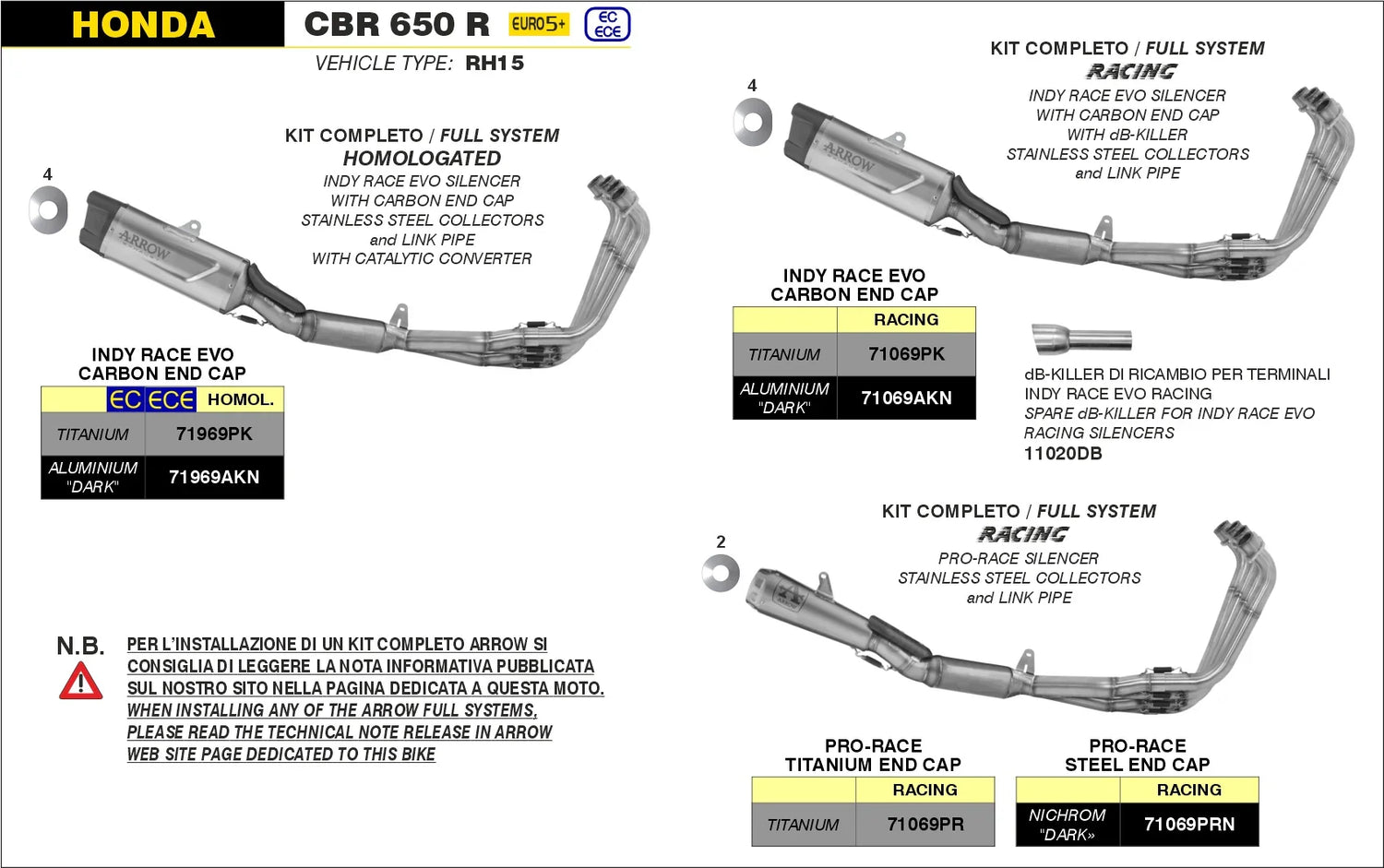 71069PK Arrow Indy-Race Evo Racing Full Exhaust Titanium Stainless Steel Collectors CBR650R 2024 - 2025 2026