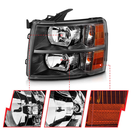 ANZO 2007-2013 Chevrolet Silverado Crystal Headlights Black 111393