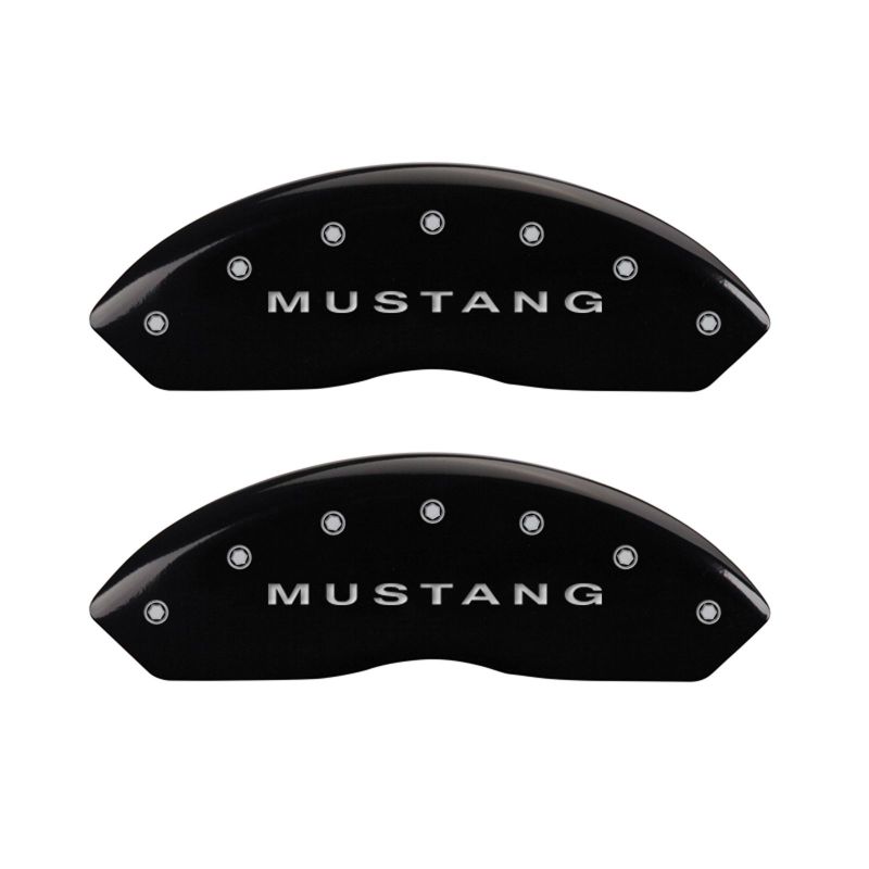 MGP 4 Caliper Covers Engraved Front Mustang Engraved Rear S197/GT Black finish silver ch 10197SMG2BK