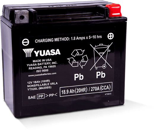 Yuasa YTX20L Maintenance Free AGM 12 Volt Battery