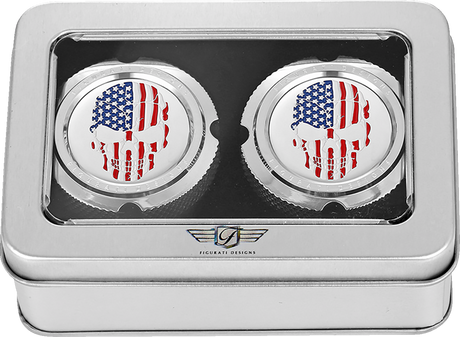 FIGURATI DESIGNS Front Axle Nut Cover - Stainless Steel - Red/White/Blue Flag Skull FD24-FAC-SS