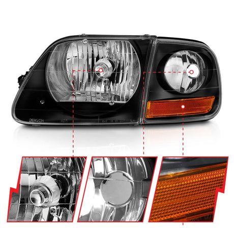 ANZO 1997-2003 Ford F150 Crystal Headlight Black w/ Parking Light 111460