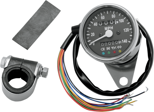 DRAG SPECIALTIES MPH Mini Mechanical Speedometer with LED Indicators - Black Face - 2:1 Ratio - 2.4" 21-6838LEDPB