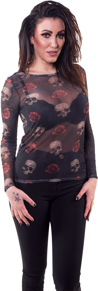 LETHAL THREAT Women's Floating Skulls Sheer Long-Sleeve Shirt - Black - Small LA20614S