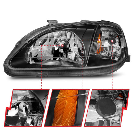 ANZO 1999-2000 Honda Civic Crystal Headlights Black 121070