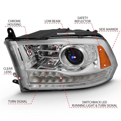 ANZO 2009-2018 Dodge Ram 1500 Projector Plank Style Switchback H.L Halo Chrome Amber (OE Style) 111440
