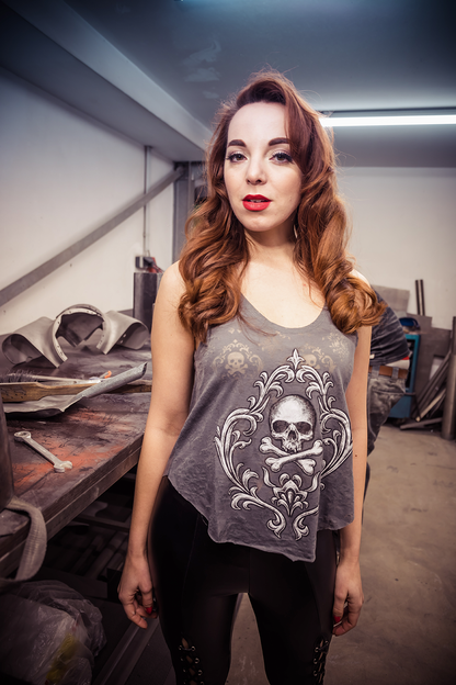 LETHAL THREAT Women's Skull and Crossbones Loose Tank Top - Gray - Large LA20466L