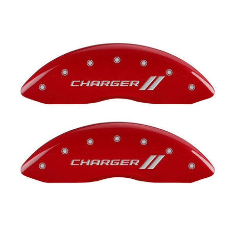 MGP 4 Caliper Covers Engraved Front & Rear With stripes/Charger Red finish silver ch 12162SCH1RD