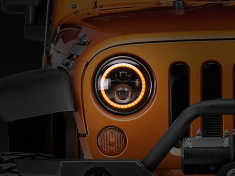 Raxiom 97-18 Jeep Wrangler TJ/JK Axial Halo Headlights w/ DRL Amber Signals- Blk Hsng (Clear Lens) J108037