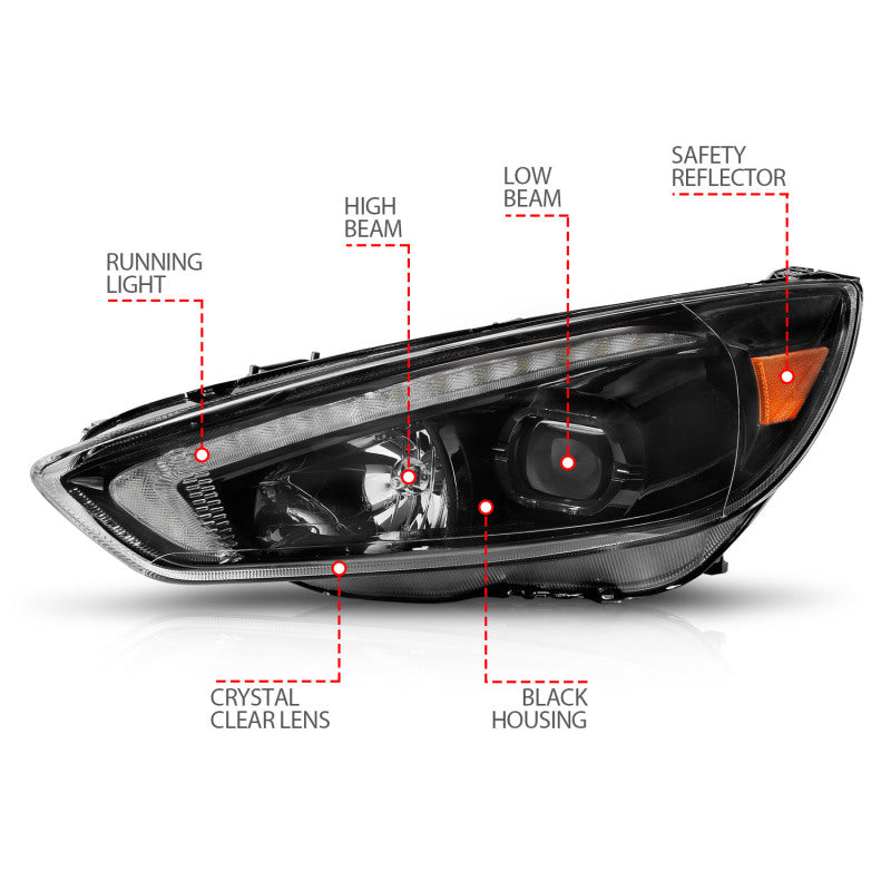 ANZO 15-18 Ford Focus Projector Headlights - w/ Light Bar Switchback Black Housing 121564
