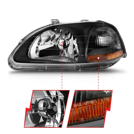 ANZO 1996-1998 Honda Civic Crystal Headlights Black 121067