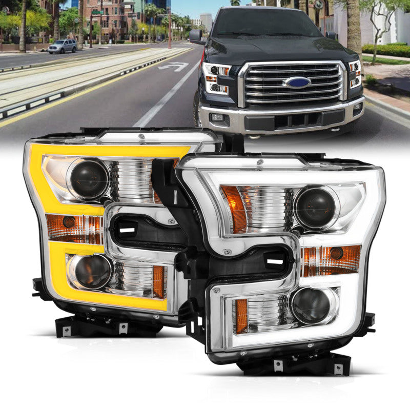 ANZO 2015-2017 Ford F-150 Projector Headlights w/ Plank Style Switchback Chrome w/ Amber 111358