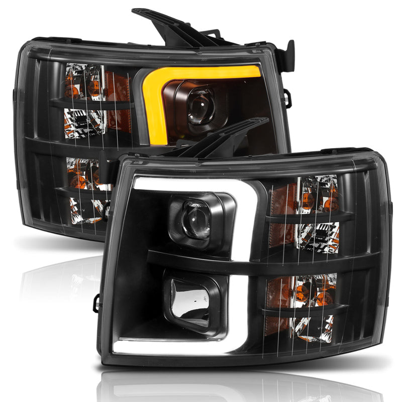 ANZO 07-13 Chevrolet Silverado 1500 Plank Style Projector Headlights Black w/ Amber 111410