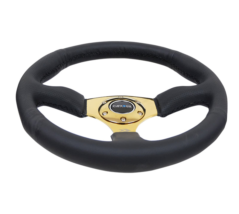 NRG Reinforced Steering Wheel (350mm / 2.5in. Deep) Leather Race Comfort Grip w/4mm Gold Spokes RST-023GD-R