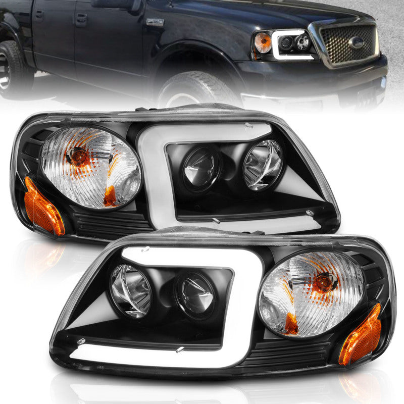 ANZO 1997-2003 Ford F-150 Projector Headlights w/ Light Bar Black Housing 111503