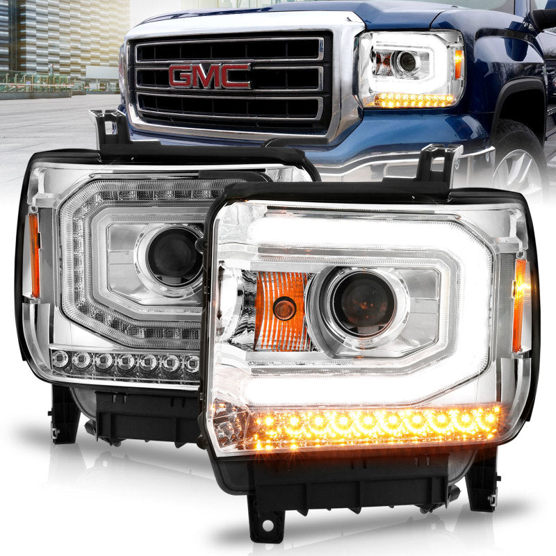 ANZO 2014-2015 Gmc Sierra 1500 Projector Headlights w/ Light Bar Chrome Housing (Halogen Type) 111514