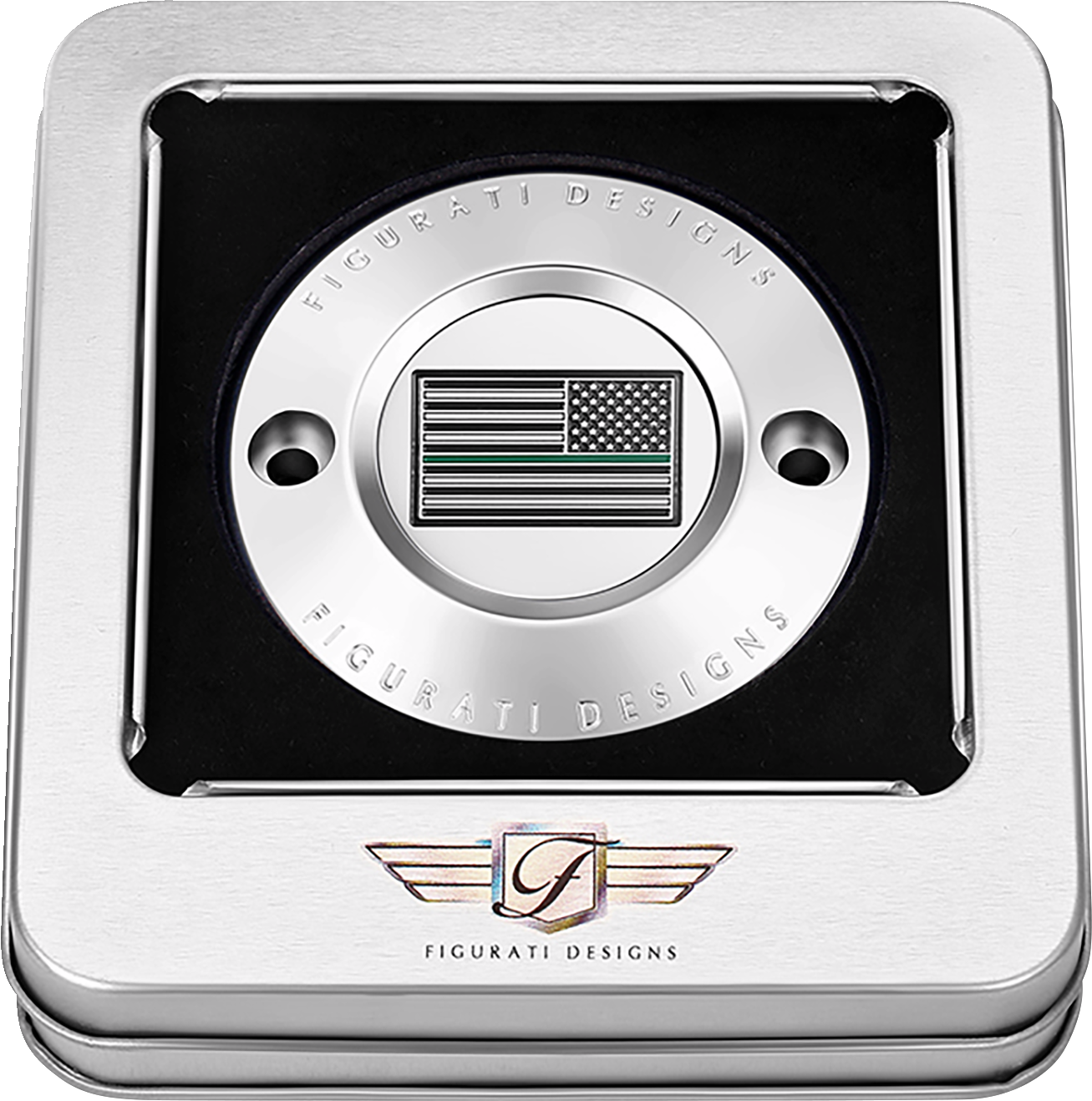 FIGURATI DESIGNS Timing Cover - 2 Hole - American - Green Line - Stainless Steel FD72-TC-2H-SS