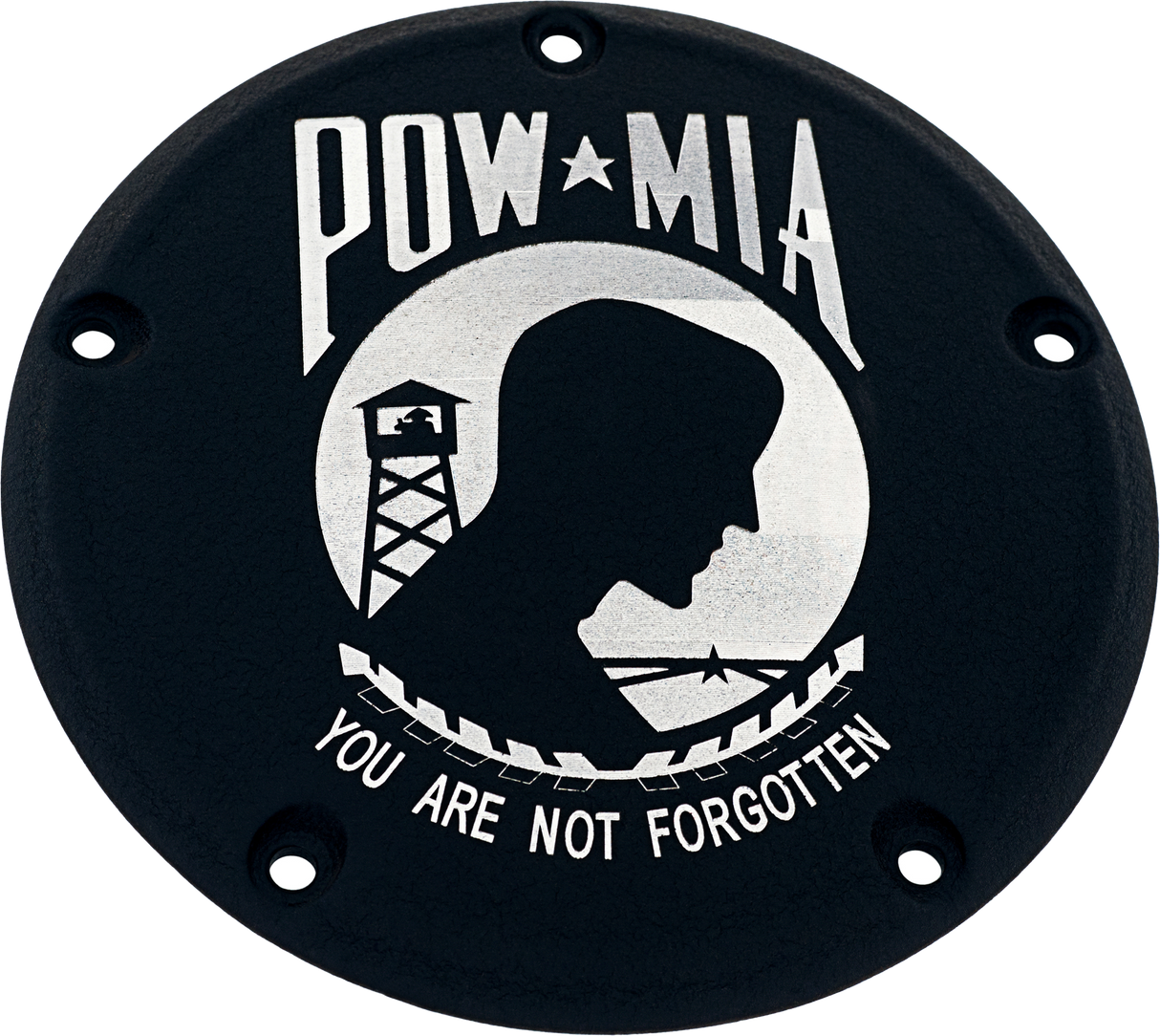 CUSTOM ENGRAVING 7   M8 Flt/Flh Derby Cover Pow-Mia Black POW02-46BG