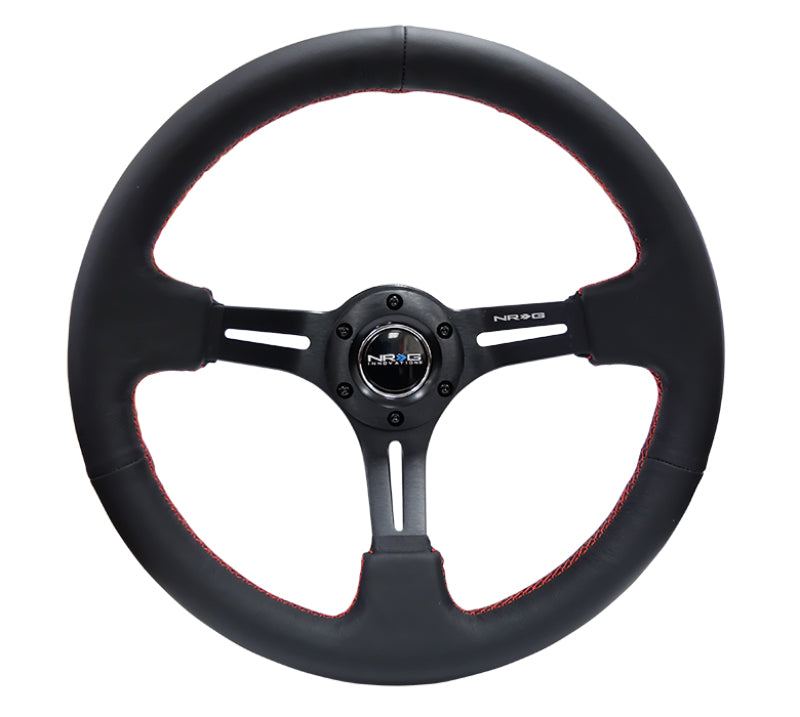 NRG Reinforced Steering Wheel (350mm / 3in. Deep) Black Leather/Red Stitch & Blk 3-Spoke w/Slits RST-018R-RS