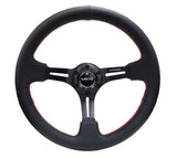 NRG Reinforced Steering Wheel (350mm / 3in. Deep) Black Leather/Red Stitch & Blk 3-Spoke w/Slits RST-018R-RS