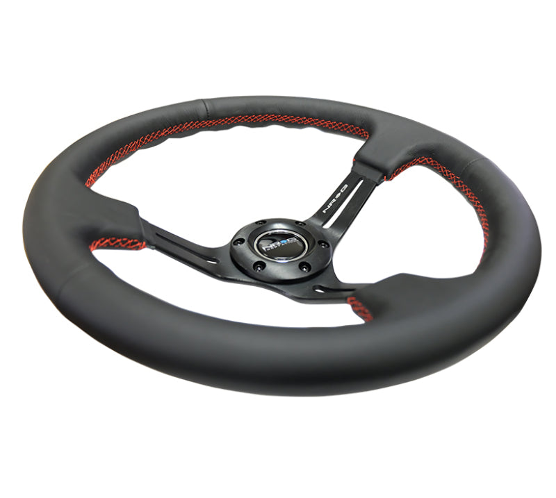 NRG Reinforced Steering Wheel (350mm / 3in. Deep) Black Leather/Red Stitch & Blk 3-Spoke w/Slits RST-018R-RS