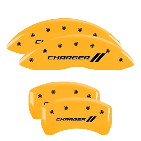 MGP 4 Caliper Covers Engraved Front & Rear Cursive/Challenger Red finish silver ch 12181SCLSRD