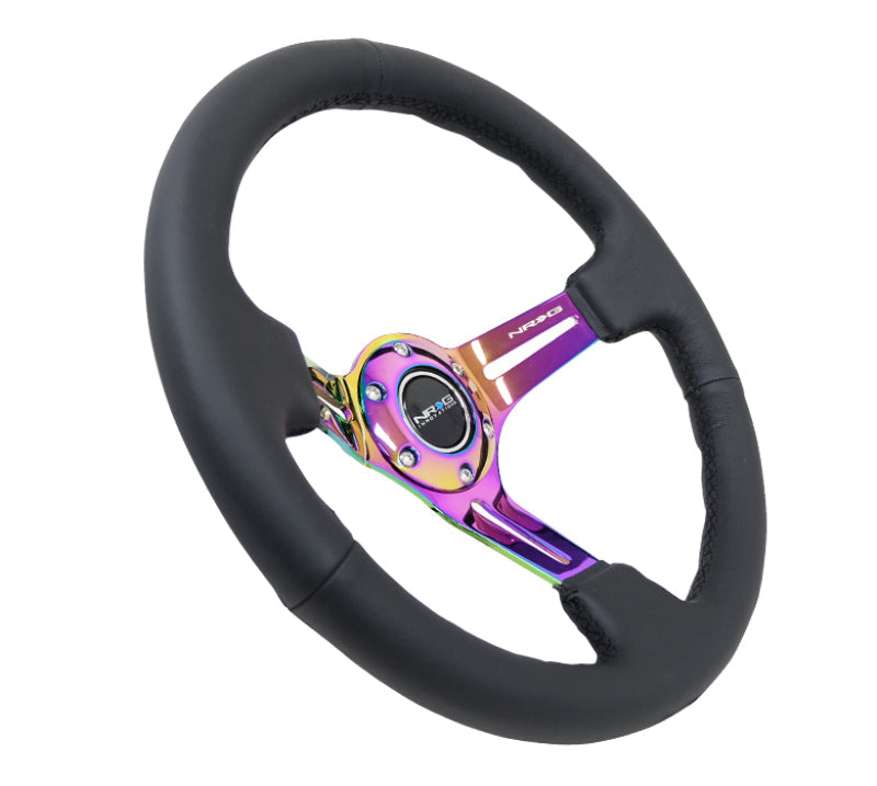 NRG Reinforced Steering Wheel (350mm / 3in. Deep) Blk Leather/Blk Stitch w/Neochrome Slits RST-018R-MCBS