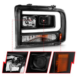 ANZO 99-04 Ford F250/F350/F450/Excursion (excl 99) Projector Headlights - w/ Light Bar Black Housing 111551