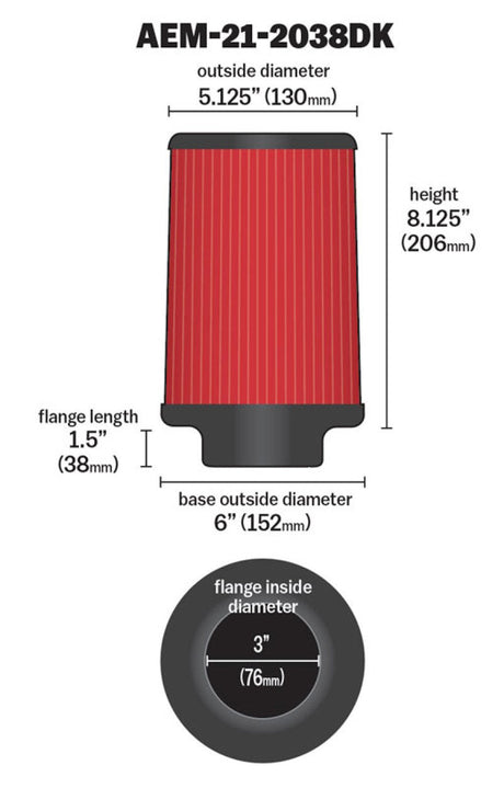 AEM 3 inch Short Neck 8 inch Element Filter Replacement 21-2038DK
