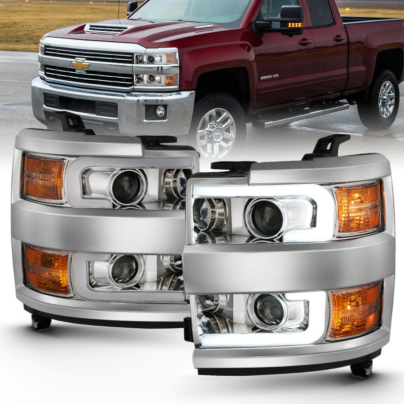 ANZO 2015-2016 Chevrolet Silverado Projector Headlights w/ Plank Style Design Chrome w/ Amber 111360