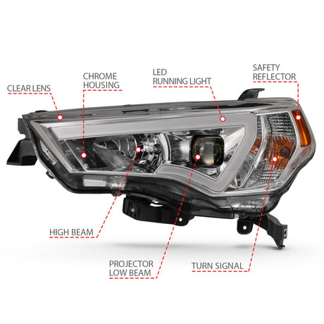 ANZO 14-18 Toyota 4 Runner Plank Style Projector Headlights Chrome w/ Amber 111417