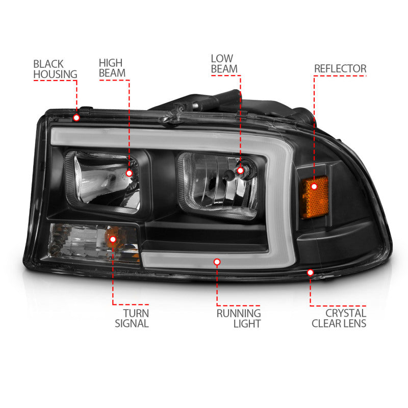 ANZO 97-04 Dodge Dakota/Durango Crystal headlight Set w/ Light Bar Black Housing 111591