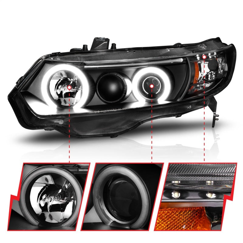 ANZO 2006-2011 Honda Civic Projector Headlights w/ Halo Black (CCFL) 121062