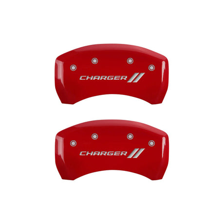 MGP 4 Caliper Covers Engraved Front & Rear With stripes/Charger Red finish silver ch 12162SCH1RD