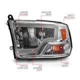 ANZO 2009-2018 Dodge Ram 1500/ 2500/ 3500 Crystal Headlights w/ Light Bar Chrome Housing 111516