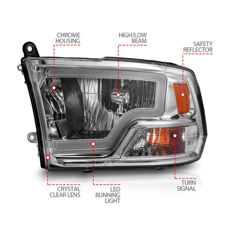 ANZO 2009-2018 Dodge Ram 1500/ 2500/ 3500 Crystal Headlights w/ Light Bar Chrome Housing 111516