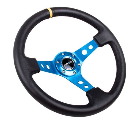 NRG Reinforced Steering Wheel (350mm / 3in. Deep) Blk Leather w/Blue Circle Cutout Spokes RST-006BL