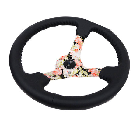 NRG Reinforced Steering Wheel (350mm / 3in. Deep) Blk Leather Floral Dipped w/ Blk Baseball Stitch RST-036FL-R