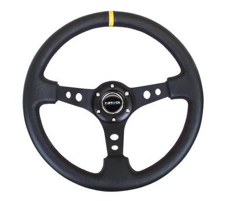 NRG Reinforced Steering Wheel (350mm / 3in. Deep) Blk Leather w/Blk Cutout Spoke/Yellow Center Mark RST-006BK-Y