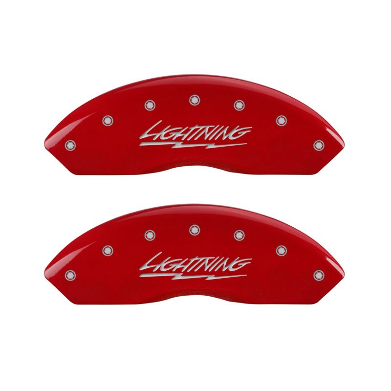 MGP 4 Caliper Covers Engraved Front & Rear Lightning Red finish silver ch 10021SLTGRD