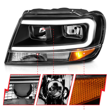 ANZO 99-04 Jeep Grand Cherokee Crystal Headlights - w/ Light Bar Black Housing 111537