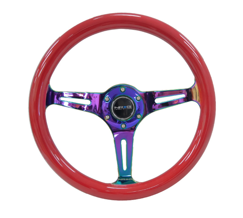 NRG Classic Wood Grain Steering Wheel (350mm) Red Grip w/Neochrome 3-Spoke Center ST-015MC-RD
