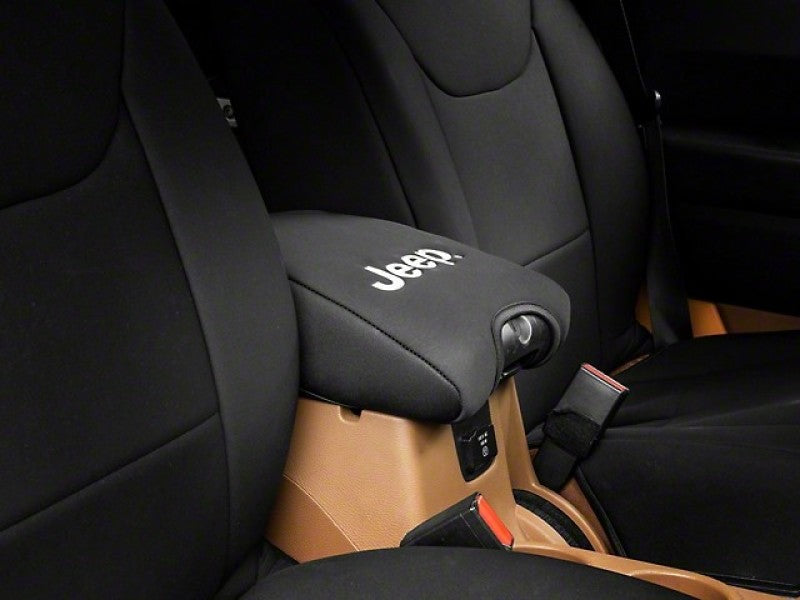 Officially Licensed Jeep 11-18 Wrangler JK Neoprene Center Console Arm Cover w/ Jeep Logo- Blk J157731