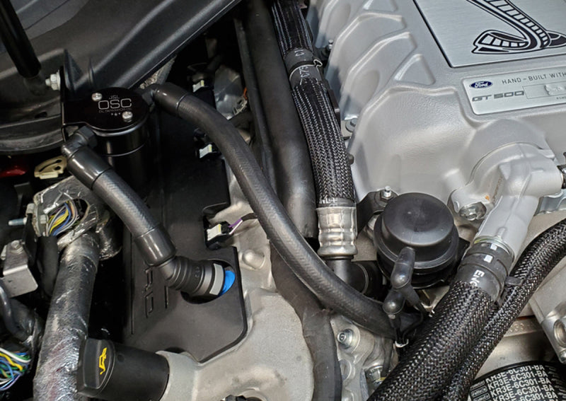 J&L 2020-2022 Ford Mustang GT500 Passenger Side Oil Separator 3.0 - Black Anodized 3054P-B
