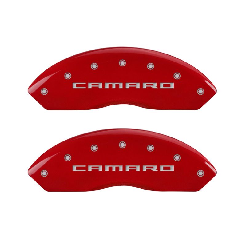 MGP 4 Caliper Covers Engraved Front Gen 5/Camaro Engraved Rear Gen 5/RS Red finish silver ch 14240SCR5RD