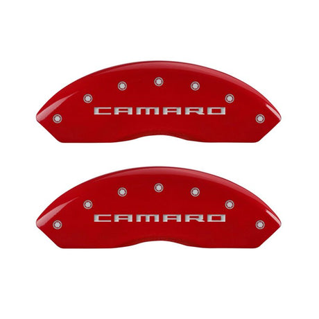 MGP 4 Caliper Covers Engraved Front Gen 5/Camaro Engraved Rear Gen 5/RS Red finish silver ch 14240SCR5RD