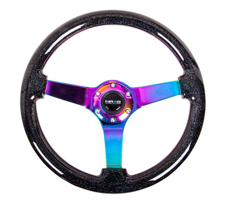 NRG Reinforced Steering Wheel (350mm / 3in. Deep) Classic Blk Sparkle w/4mm Neochrome 3-Spoke Center RST-036BSB-MC