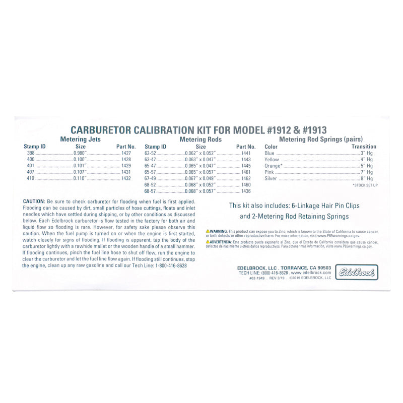 Edelbrock Calibration Kit for 1912 / 1913 1949