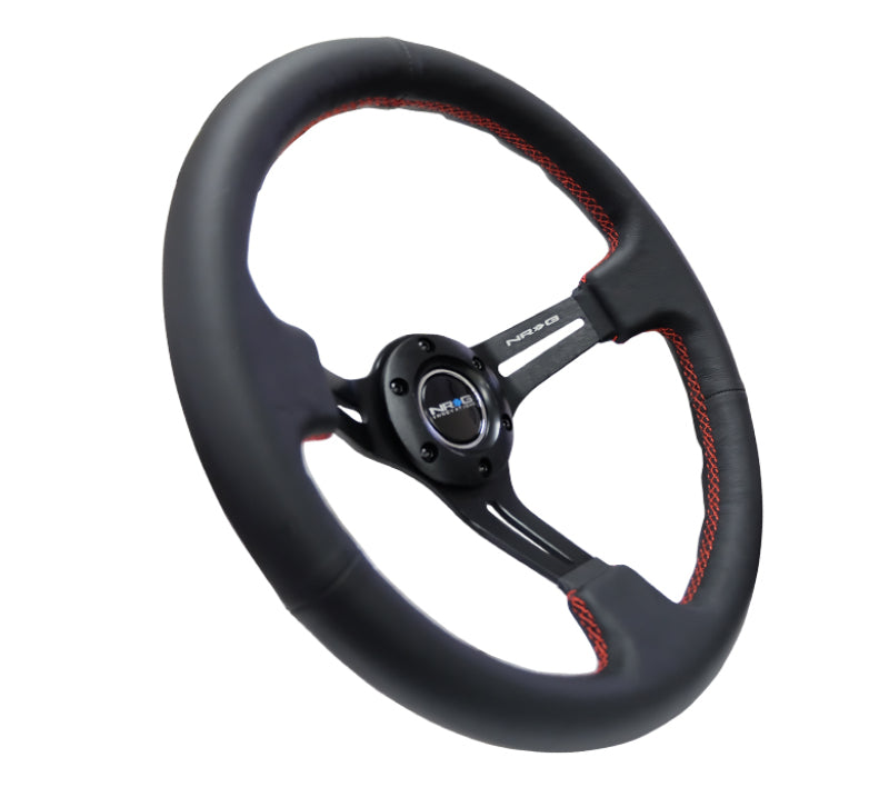 NRG Reinforced Steering Wheel (350mm / 3in. Deep) Black Leather/Red Stitch & Blk 3-Spoke w/Slits RST-018R-RS