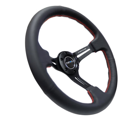 NRG Reinforced Steering Wheel (350mm / 3in. Deep) Black Leather/Red Stitch & Blk 3-Spoke w/Slits RST-018R-RS
